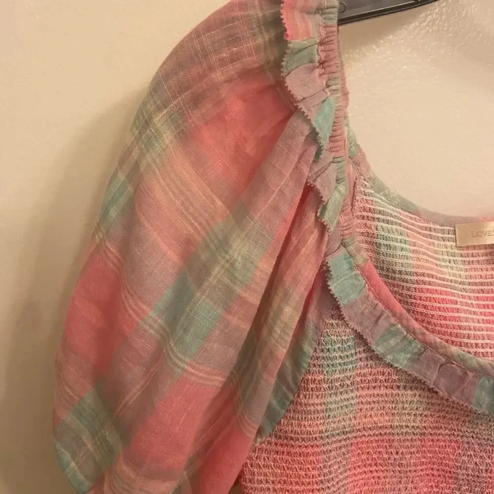 LoveShackFancy Molly Puff Sleeve Smocked Top Pink Plaid Size Small